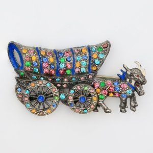 Vintage Mechanical Covered‎ Wagon With Oxen Multicolor Rhinestone Brooch 1930s